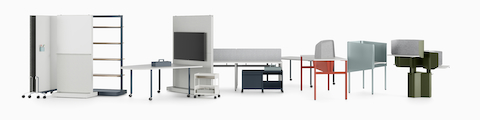 Various OE1 Workspace Collection products including movable walls, freestanding curtains, tables, storage trolleys, privacy screens and height-adjustable tables, with a white background.