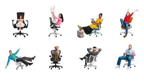 Een witte achtergrond met een raster van twaalf bureaustoelen waarin mensen en dieren zitten die verschillende activiteiten uitvoeren: van trompet spelen tot stretchen en lezen. Elk persoon is uniek qua leeftijd, huidskleur, kleding, activiteit en houding.