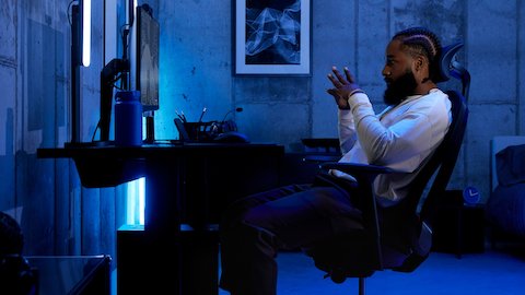 A player prepares to compete at his setup in his all-new Vantum Gaming Chair, the latest ergonomic gaming design from Herman Miller and Logitech G.