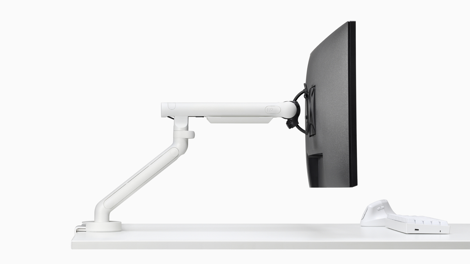 White Flo Single monitor arm viewed from the side.