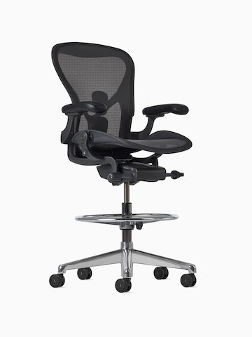 Front-angle view of an Aeron ESD Stool with a granite frame and suspension and a polished base.