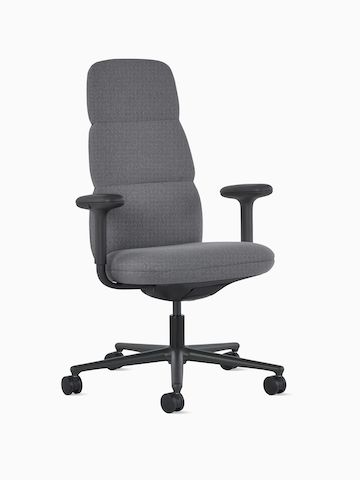 Front angle view of a high-back Asari chair by Herman Miller in dark grey with height adjustable arms.