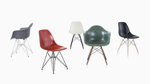 A family of Eames Molded Fiberglass Chairs in a variety of colors.