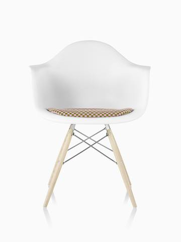 Eames Molded Armchair in Parchment Fiberglass with Olive Pink Checker Seat Pad.