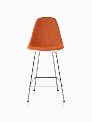 Blue Eames Molded Plastic Stool, viewed from the front. 