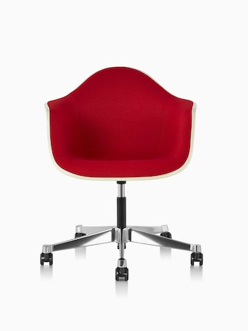 Eames Task Chair with red upholstery and off-white fiberglass shell, viewed from the front.