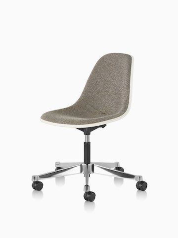 Eames Task Chair with brown upholstery and off-white fiberglass shell, viewed at an angle.