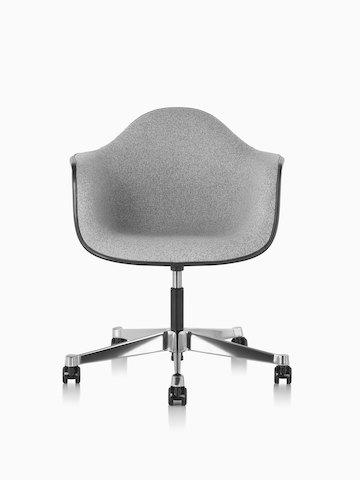 Front view of Eames Task Chair with gray fiberglass shell and gray upholstery.