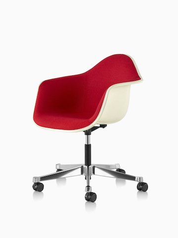 Angled view of Eames Task Chair with red upholstery and off-white fiberglass shell.