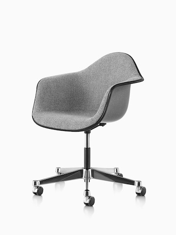 Eames Task Chair with gray fiberglass shell and gray upholstery, viewed at an angle.