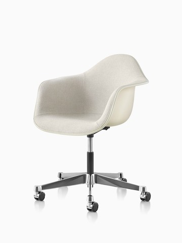 Angled view of Eames Task Chair with off-white upholstery and off-white fiberglass shell.