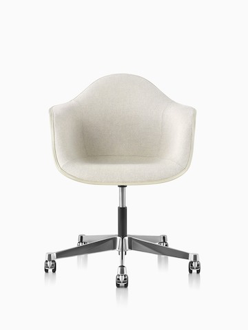 Eames Task Chair with off-white upholstery and off-white fiberglass shell, viewed from the front.