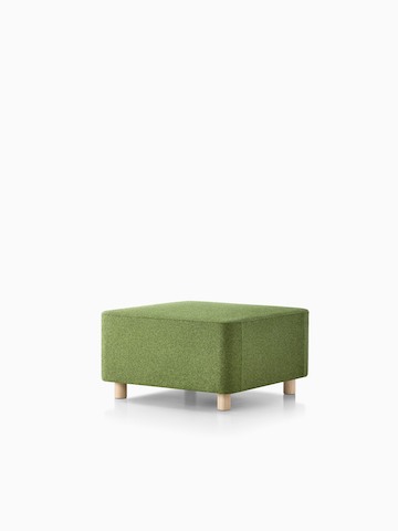 An oblique view of an olive green Plex ottoman. 