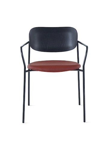 Portrait Chair with ebony ash back, Tenera leather seat and black frame with arms.