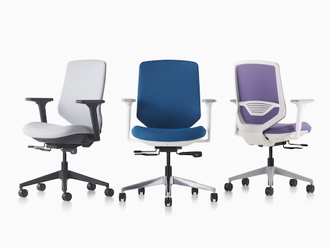 Three POSH Express 2 Chairs in grey, blue, and purple in front and back profiles.