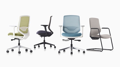 Four POSH Express 2 Chairs in green, black, blue, and grey in front and back profiles.