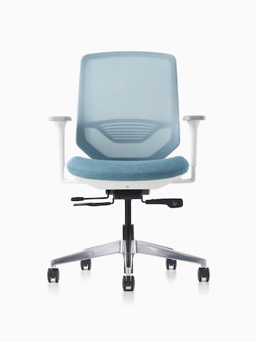 A POSH Express 2 Chair with a white frame and blue textile seat on a caster base featuring a mesh back with lumbar support.