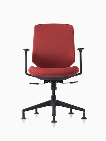 A POSH Express 2 work chair with red upholstered back, black frame, black base and glides.