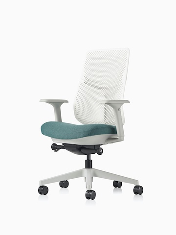 A Verus Chair with a blue upholstered seat and white Triflex back.