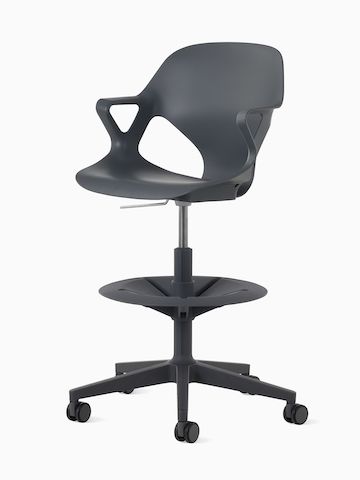 Front angle view of a Zeph chair with fixed arms in dark grey.