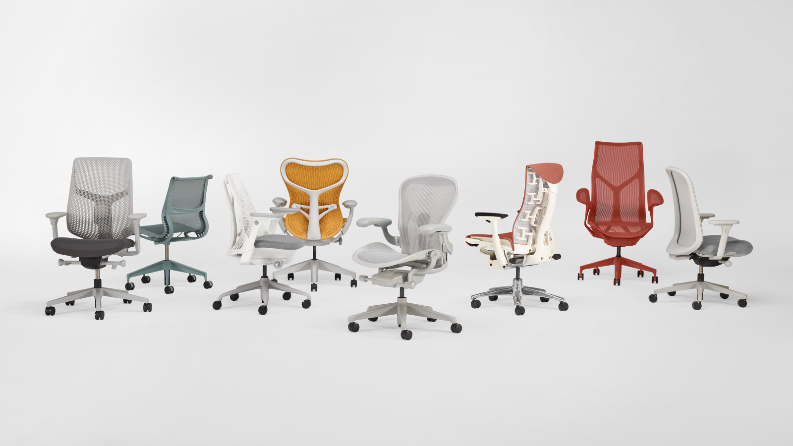 Eight high-performance chairs arranged horizontally. Includes Aeron, Embody, Cosm, Mirra 2, Sayl, Verus, Lino and Setu.