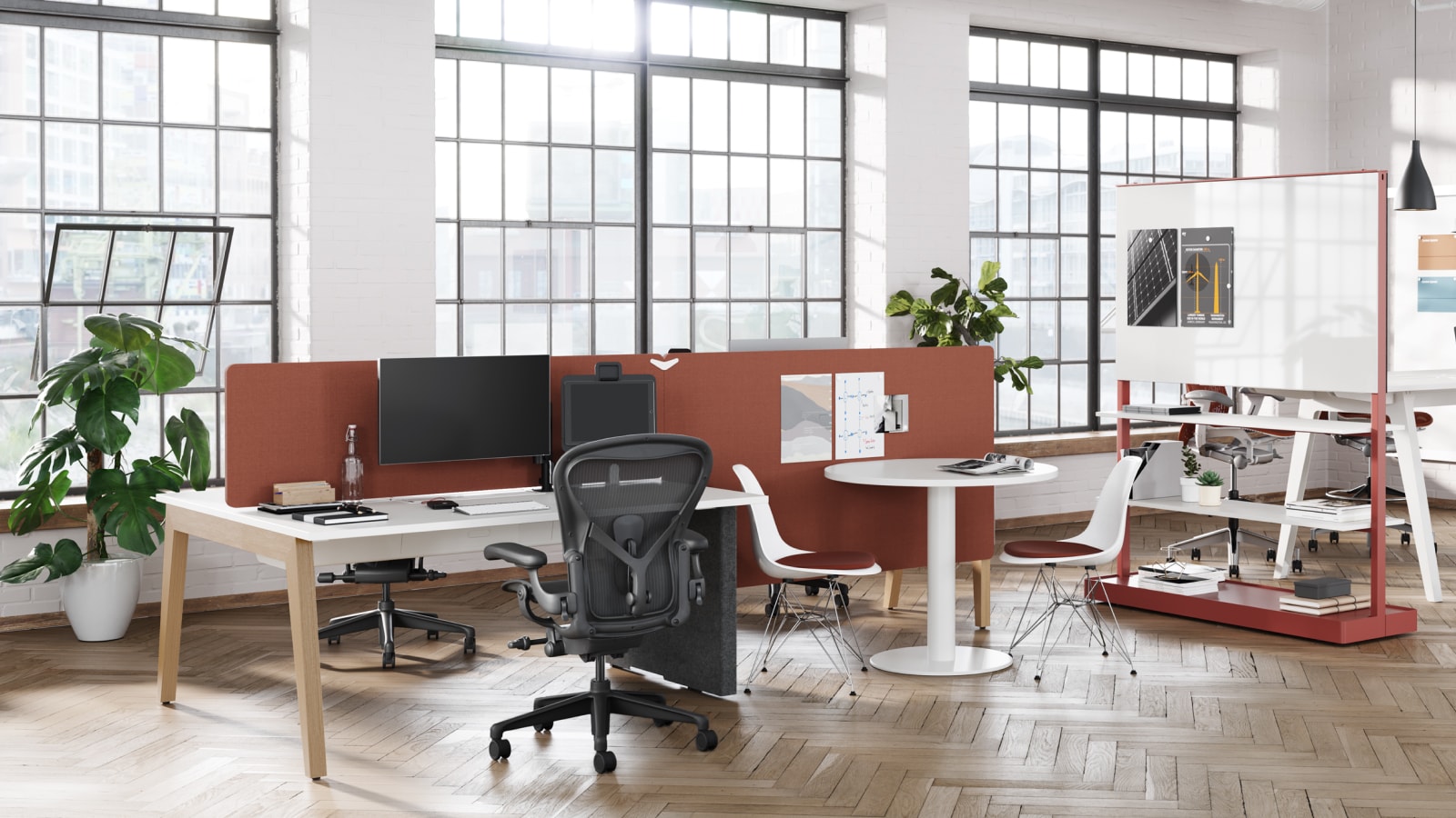 Byne System with Sylvain legs and a universal middle leg, with screens for privacy.