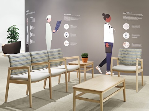 Single-seat and three-seat Monarch Multiple Seating with a rectangular coffee table and square-top side table.