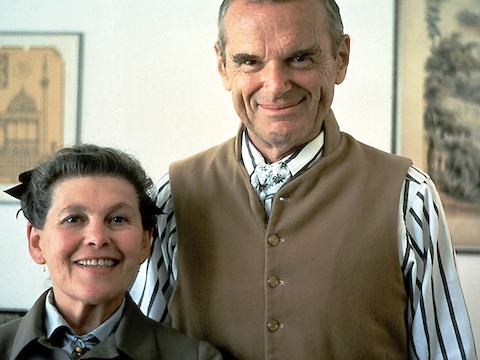 Ray and Charles Eames, designers of the Eames Molded Wood Stool. 