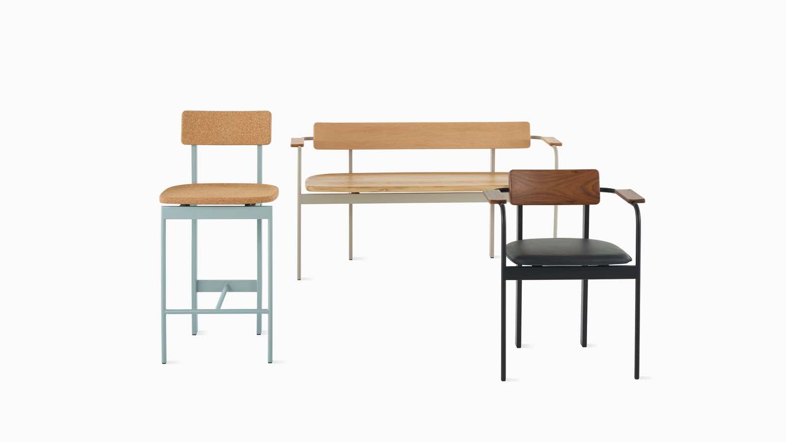 The Betwixt seating family in different finishes, featuring the side chair, stool and bench.