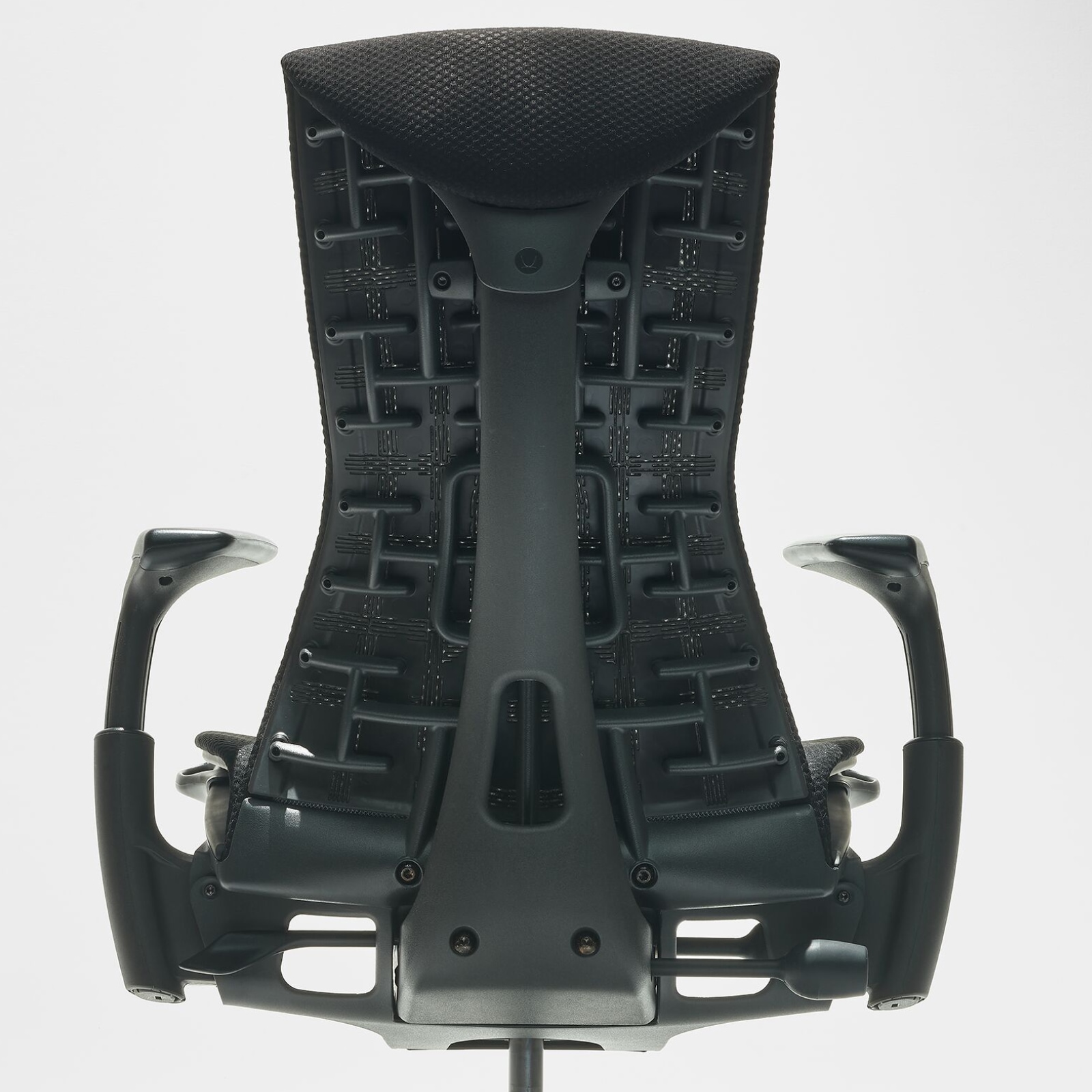 Rear view of an Embody Chair in dark grey.
