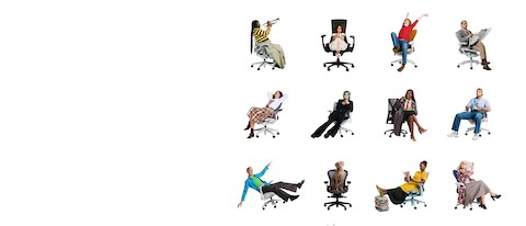 A white background with a grid of twelve office chairs with people and animals sitting in them doing a variety of activities: playing a trumpet to stretching to reading. Each person is unique in age, skin tone, clothing, activity, and posture.