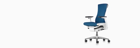 Blue Embody office chair. White frame with Polished Aluminum base.