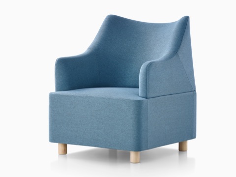 Light blue Plex club chair, viewed from a 45-degree angle.