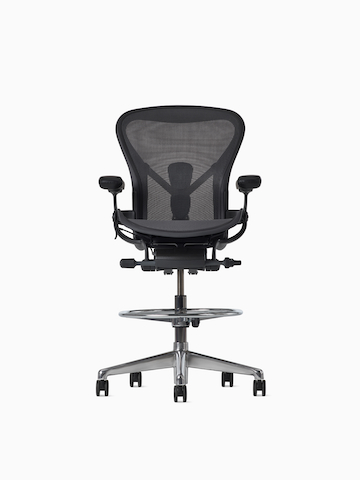 Front view of an Aeron ESD Stool with a granite frame and suspension and a polished base.