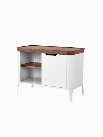 A white Airia Media Cabinet with a wood top. Select to go to the Airia Desk and Media Cabinet product page. 