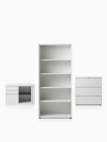 A CK8 right-hand return cabinet with shutter door compartment, CK8 open shelf high cabinet and CK8 three-high lateral filing mid-height cabinet.