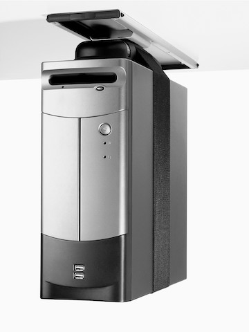 A computer CPU mounted beneath a work surface. Select to go to the CPU Supports product page.