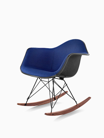 Blue Eames Molded Plastic rocker. Select to go to the Eames Molded Plastic Chairs product page. 