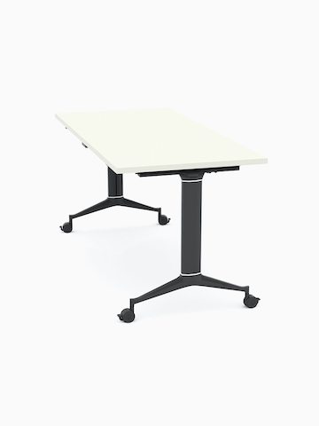 Genus flip-top rectangular table with white surface and black leg, viewed from a side angle.
