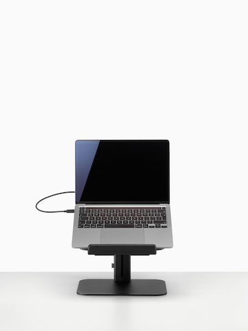 A black Lana Laptop Stand with laptop viewed from the front.