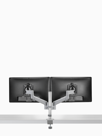 Cropped back view of dual Lima Monitor Arm in grey.