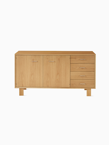 Nelson Basic Cabinet Series Credenza in natural oak with two doors, four drawers, standard square legs and wavy pulls.