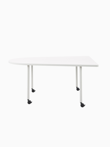An OE1 Huddle Table with white surface and grey legs, viewed from the side.