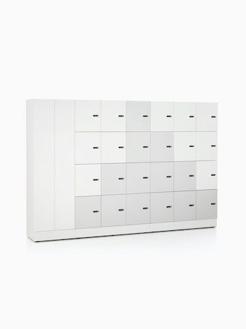 Port Storage System with small white and grey lockers and double hinge doors. Select to go to the Port Storage System product page.