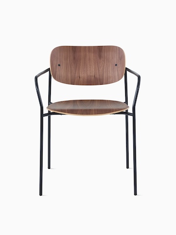 Portrait Chair with walnut seat and back and black frame with arms.