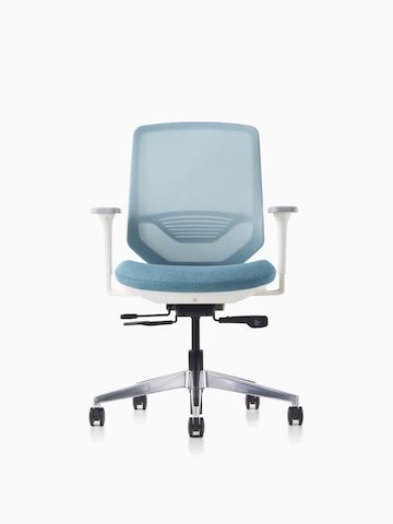 A POSH Express 2 Chair with a white frame and blue textile seat on a caster base featuring a mesh back with lumbar support.