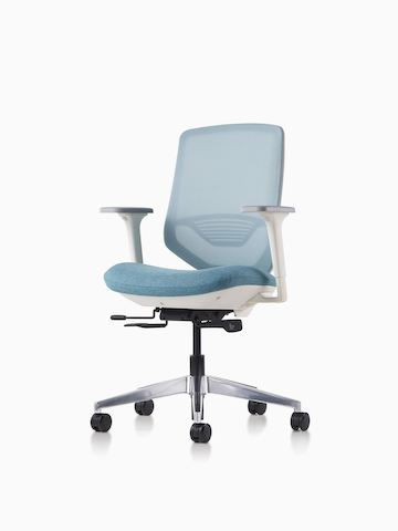A POSH Express 2 Chair with a white frame and blue textile seat on a caster base featuring a mesh back with lumbar support. Select to go to the POSH Express 2 Chair product page.