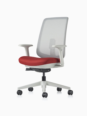 A Verus Chair with a red seat and grey suspension back. Select to go to the Verus Chairs product page.
