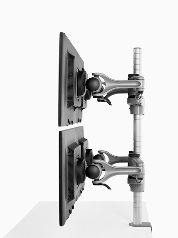 Two monitors attached to a Wishbone Dual Monitor Arm.